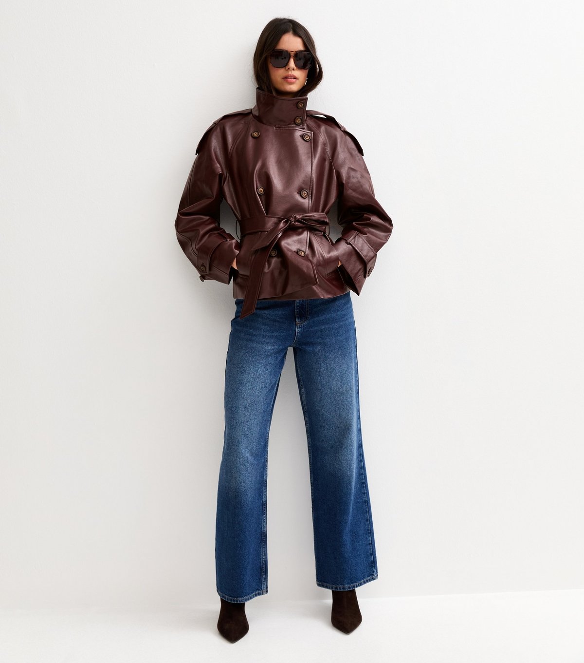 New Look Women's Dark Burgundy Faux Leather Belted Funnel Neck Jacket New Look - 3