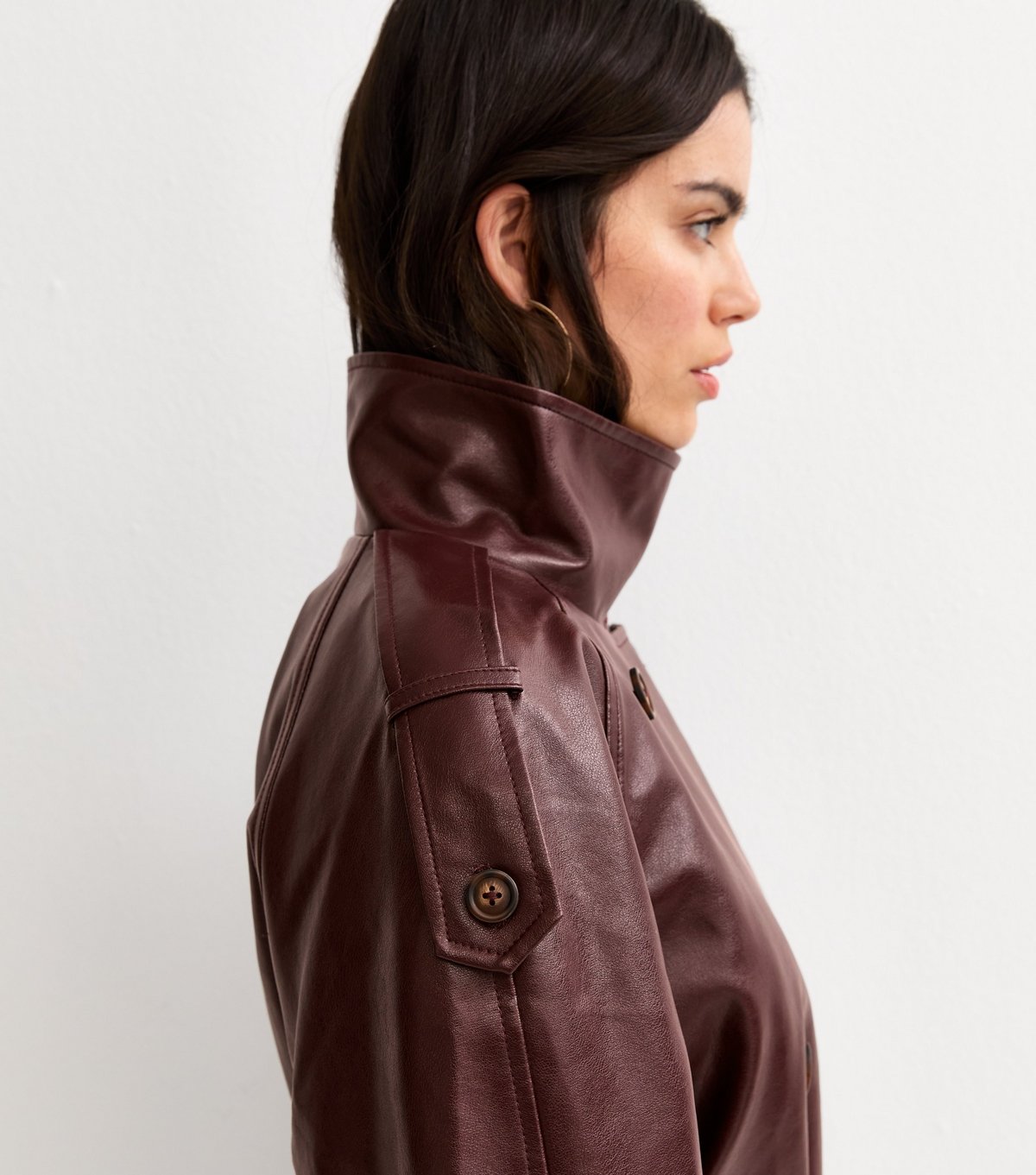 New Look Women's Dark Burgundy Faux Leather Belted Funnel Neck Jacket New Look - 4