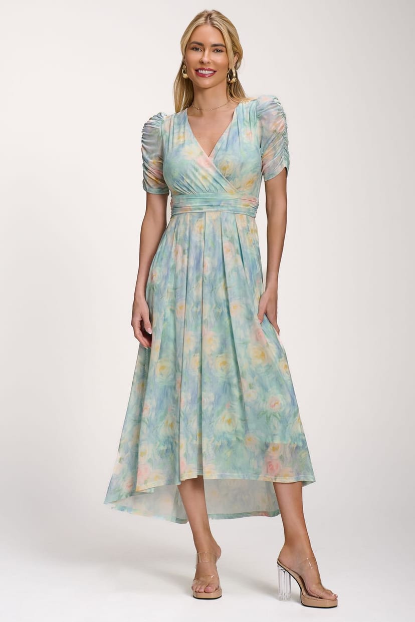 Jolie Moi Jolie Moi Women's Petite Mesh Print Dip Hem Maxi Dress in Pale Green - 1