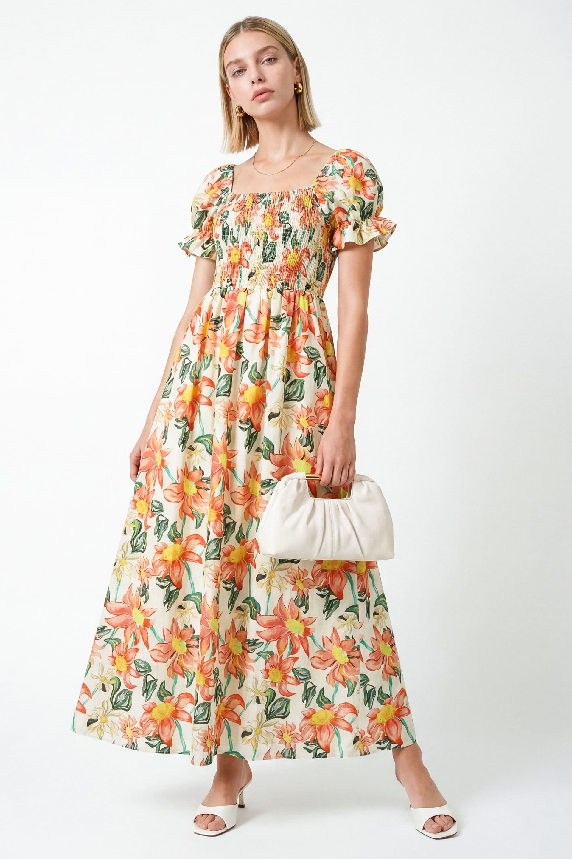 Lovedrobe Lovedrobe Women's Floral Print Short Sleeve Shirred Midaxi Dress