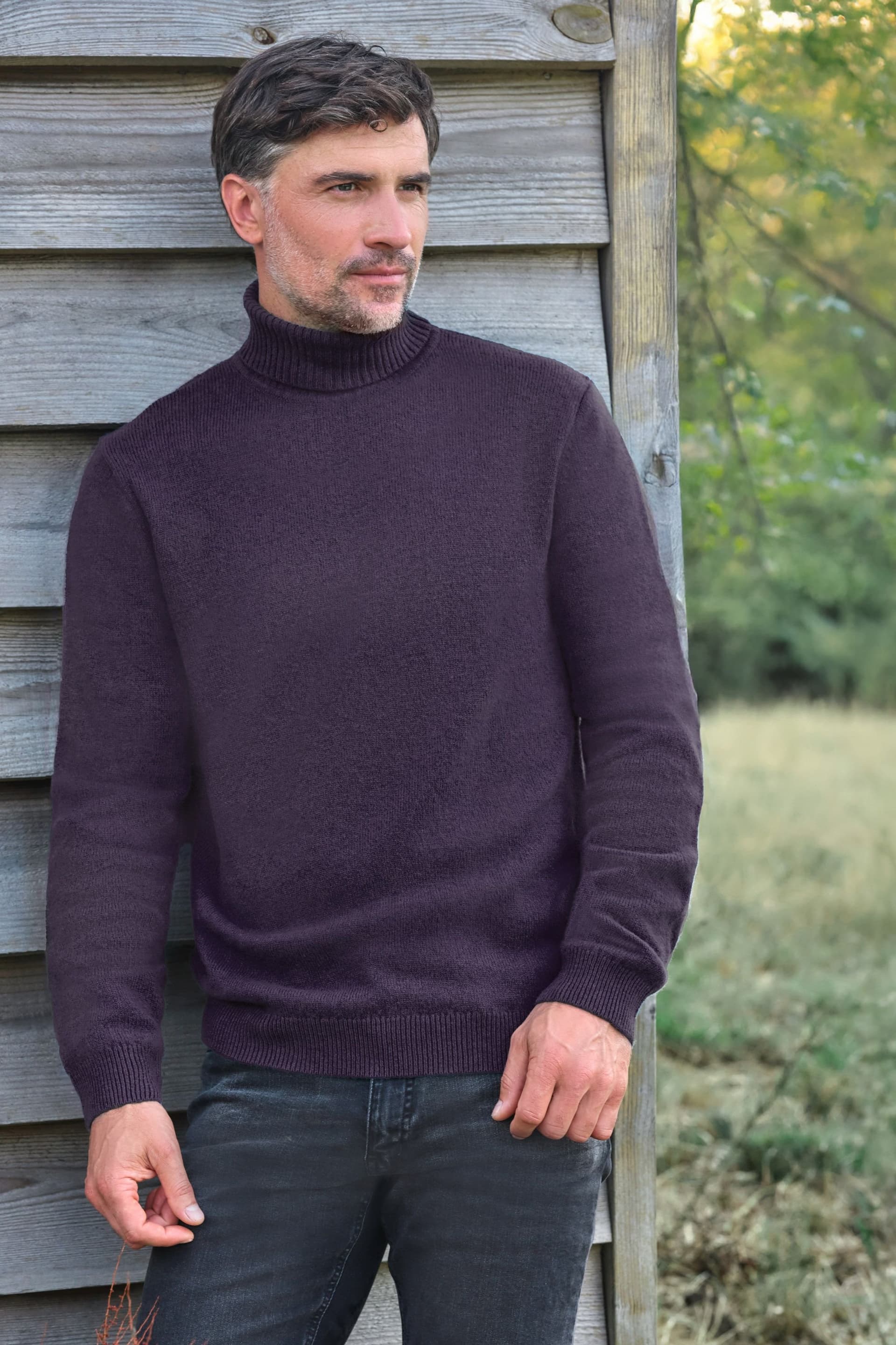 WoolOvers WoolOvers Men's Mens Lambswool Polo Neck Jumper in Purple