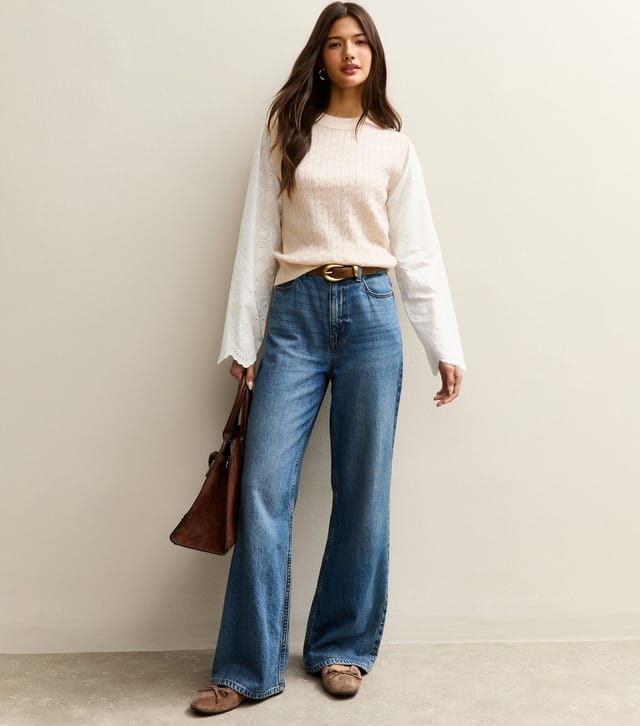 New Look Women's Cream Cable Knit Broderie Anglaise Jumper New Look - 2