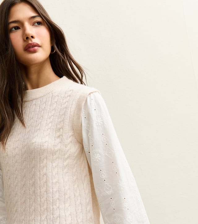 New Look Women's Cream Cable Knit Broderie Anglaise Jumper New Look - 3