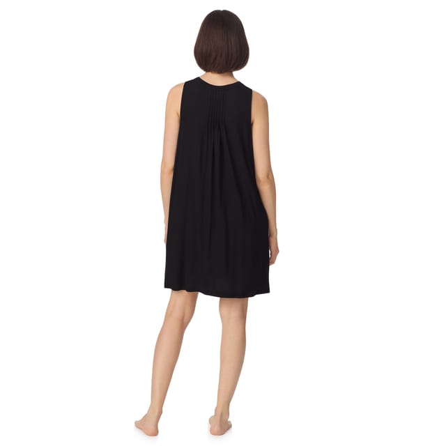 DKNY DKNY Women's Sleeveless crew neck midi sleep tank chemise with pleats in black - 2