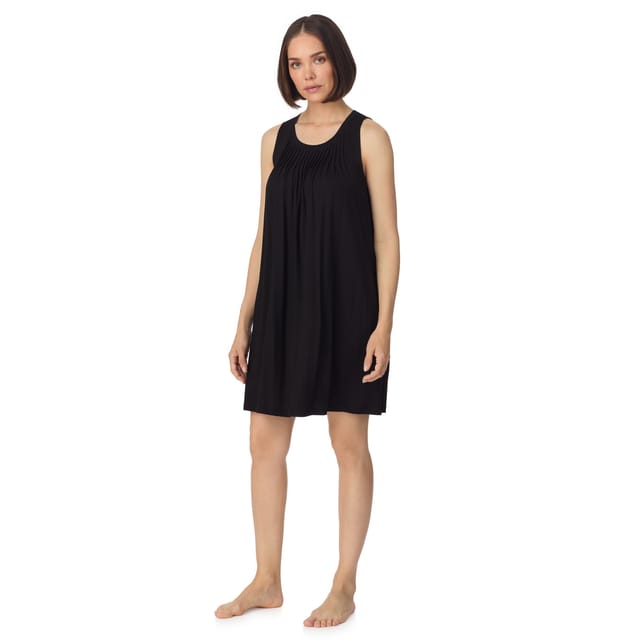 DKNY DKNY Women's Sleeveless crew neck midi sleep tank chemise with pleats in black - 3