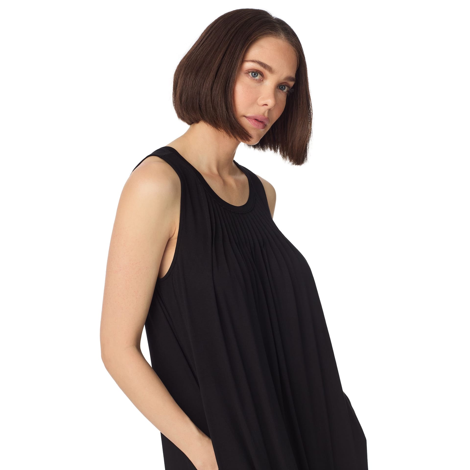 DKNY DKNY Women's Sleeveless crew neck midi sleep tank chemise with pleats in black - 4