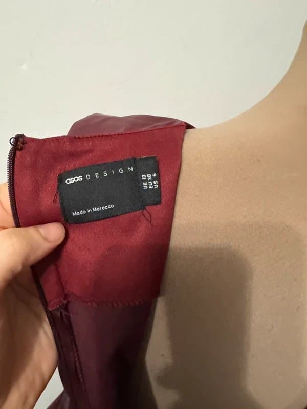 ASOS Design dark cherry red burgundy mini dress leather look faux biker vest racer size 10