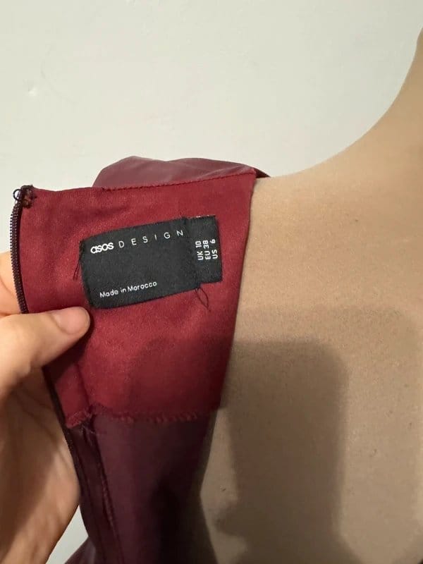ASOS Design dark cherry red burgundy mini dress leather look faux biker vest racer size 10 - 1