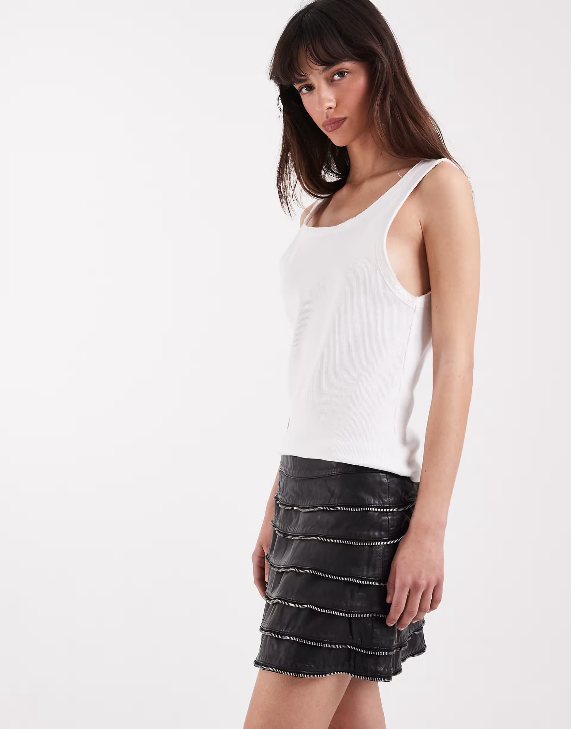 ASOS AllSaints Emara Lea layered leather ruffle mini skirt in black