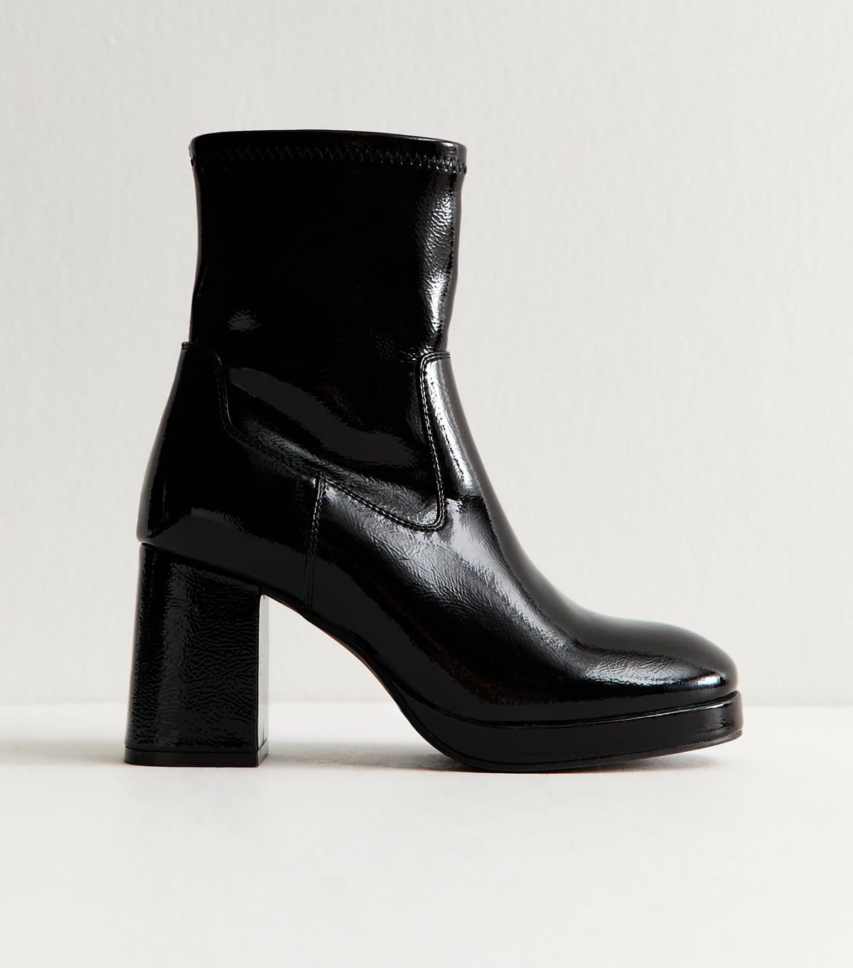 New Look Women's Black Faux Leather Platform Block Heel Ankle Boots Vegan New Look