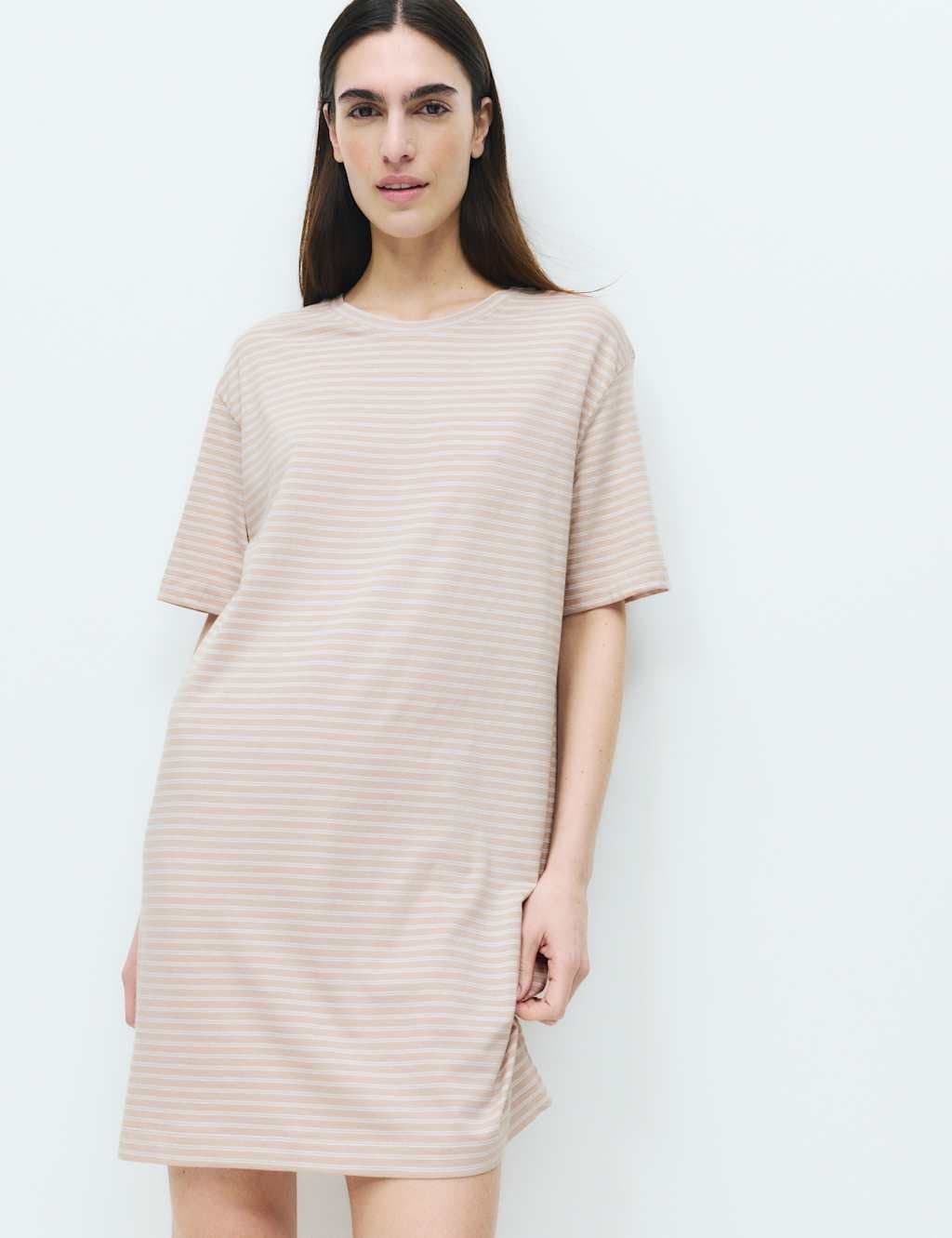 Marks & Spencer M&S Cotton Modal Striped Nightdress Neutral