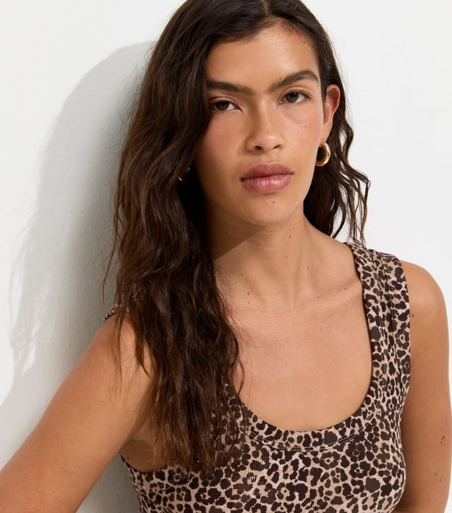 New Look Women's Brown Cotton Rich Leopard Print Wide Trim Scoop Neck Vest Top New Look - 2