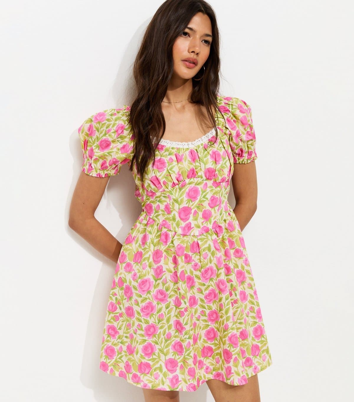 New Look Women's Pink Rose Print Cotton Milkmaid Mini Dress New Look
