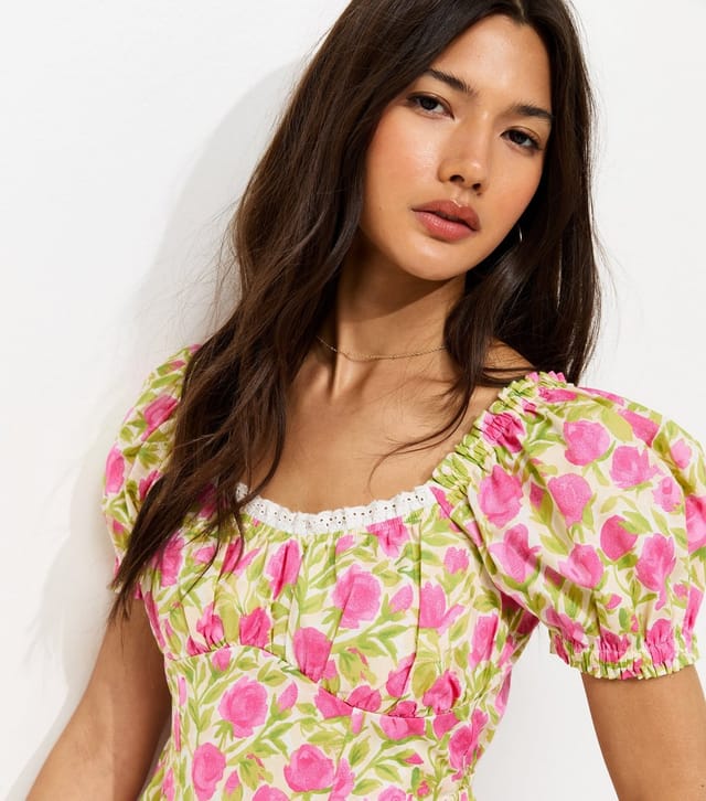 New Look Women's Pink Rose Print Cotton Milkmaid Mini Dress New Look - 3