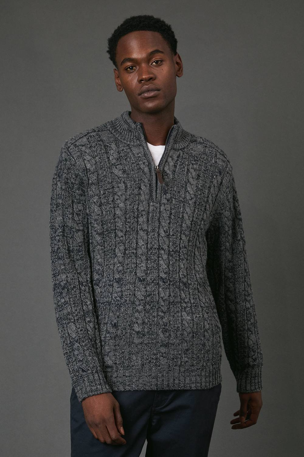 Maine Maine Men's Chunky Cable Half Zip Knitted Jumper in Navy - 2