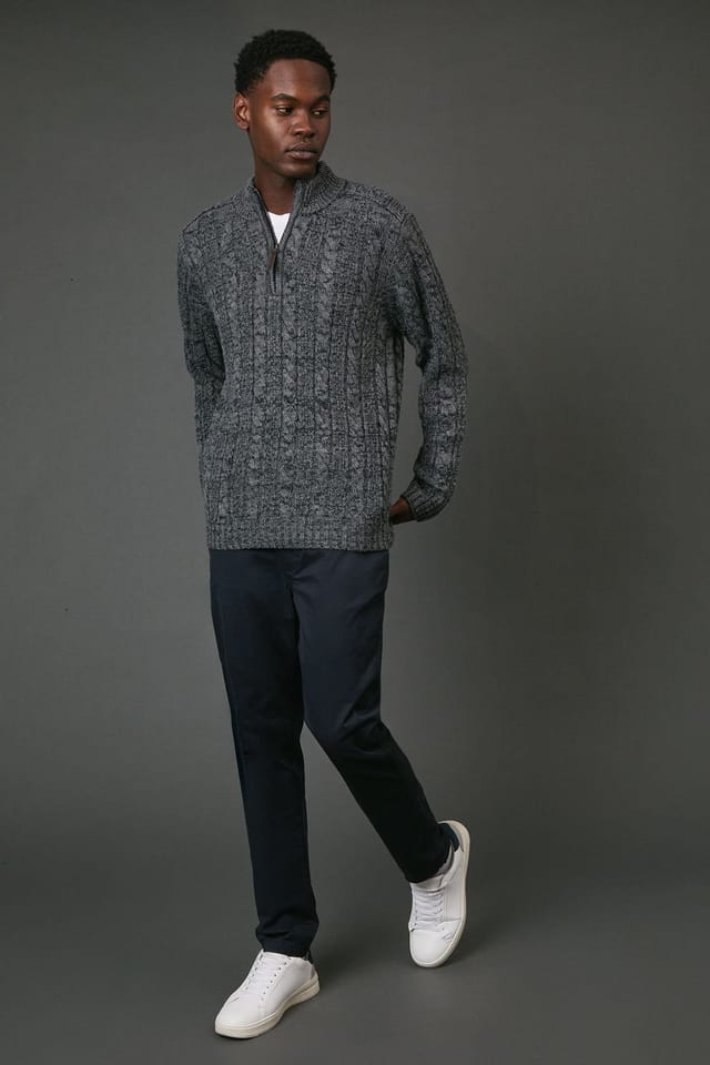 Maine Maine Men's Chunky Cable Half Zip Knitted Jumper in Navy - 2