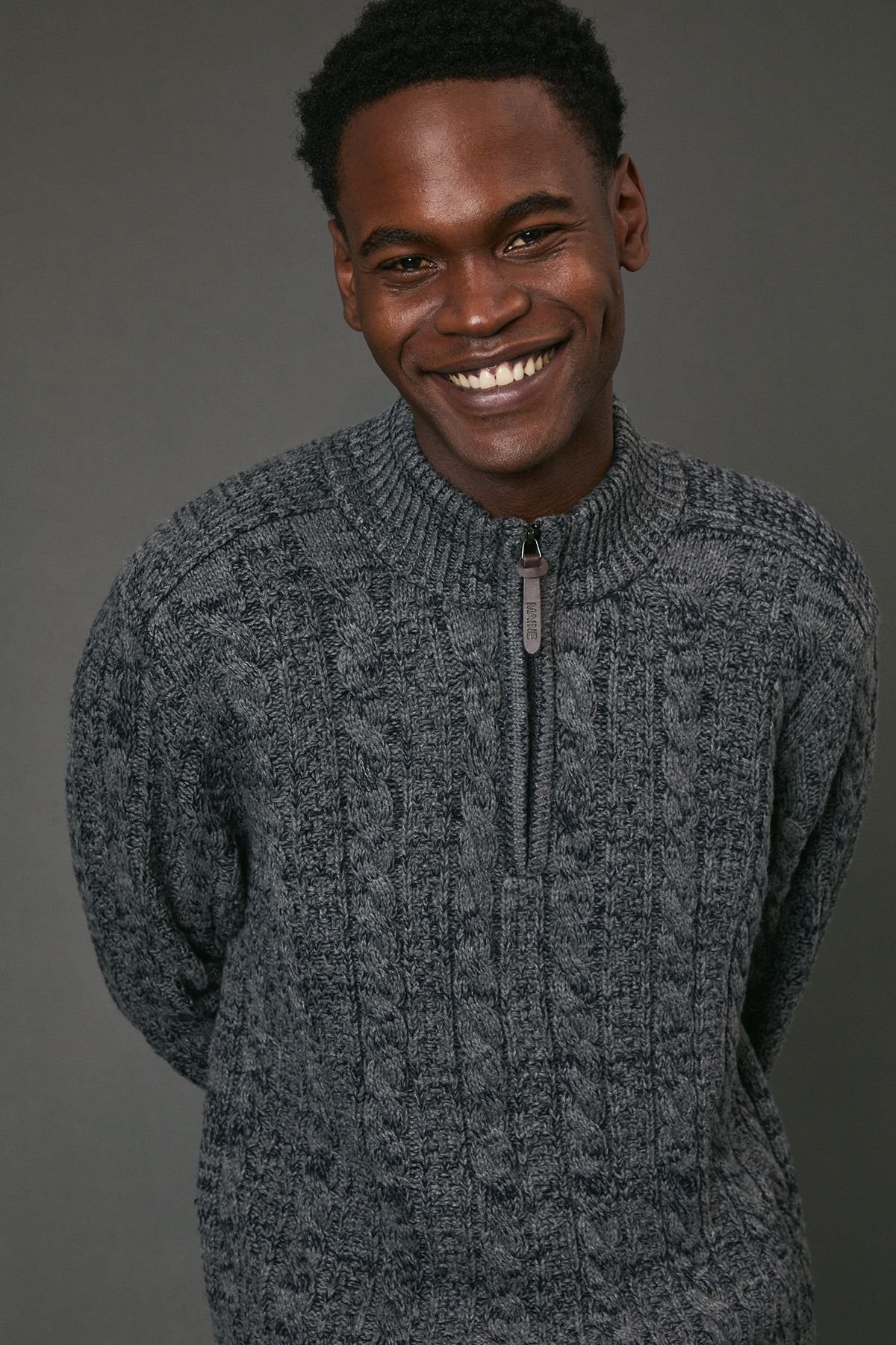 Maine Maine Men's Chunky Cable Half Zip Knitted Jumper in Navy - 4