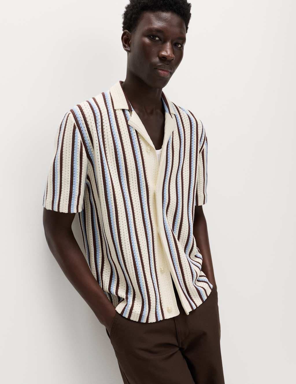 Marks & Spencer M&S Cotton Textured Striped Knitted Polo Shirt Blue Mix