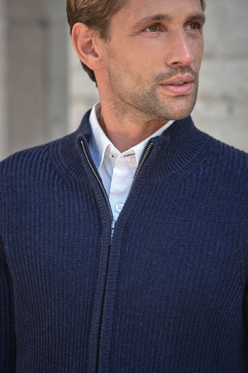Pure Collection Pure Collection Men's Mens Cashmere Blend Two Tone Ribbed Zip Cardigan in Dark Blue - 1