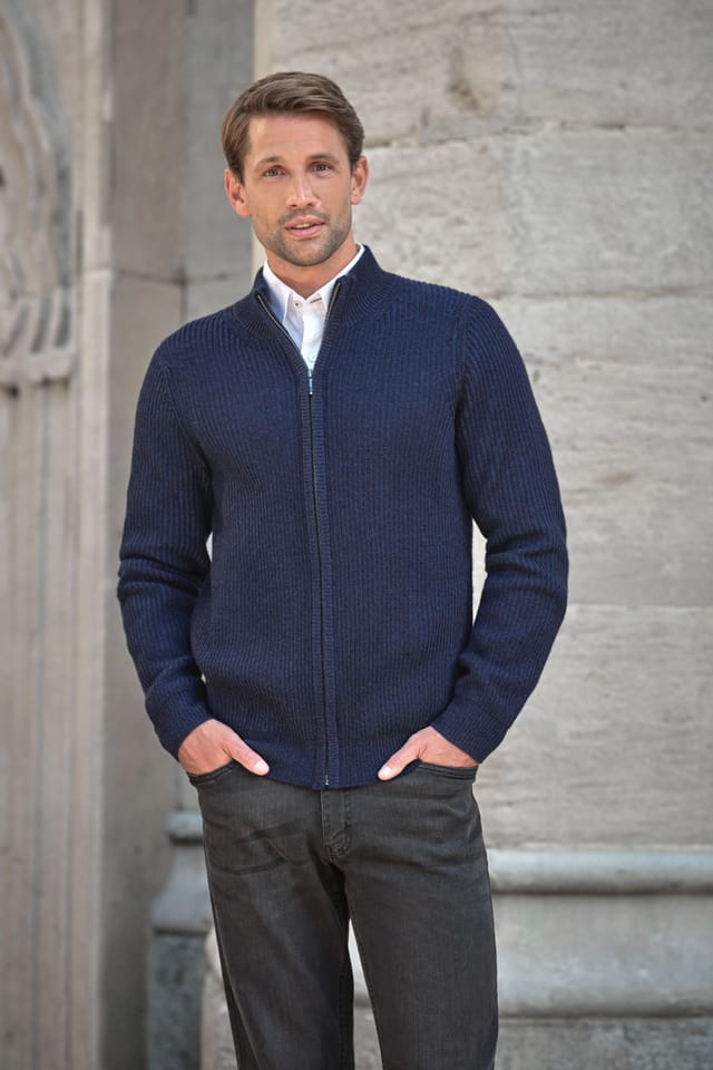 Pure Collection Pure Collection Men's Mens Cashmere Blend Two Tone Ribbed Zip Cardigan in Dark Blue - 2