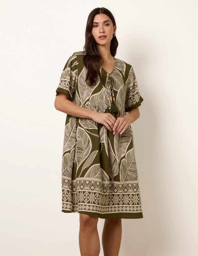 Blue Vanilla Dress With Tropical Leaf Print - 2