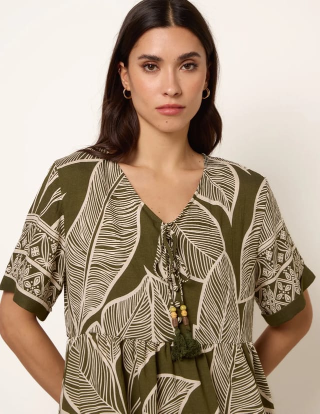 Blue Vanilla Dress With Tropical Leaf Print - 3