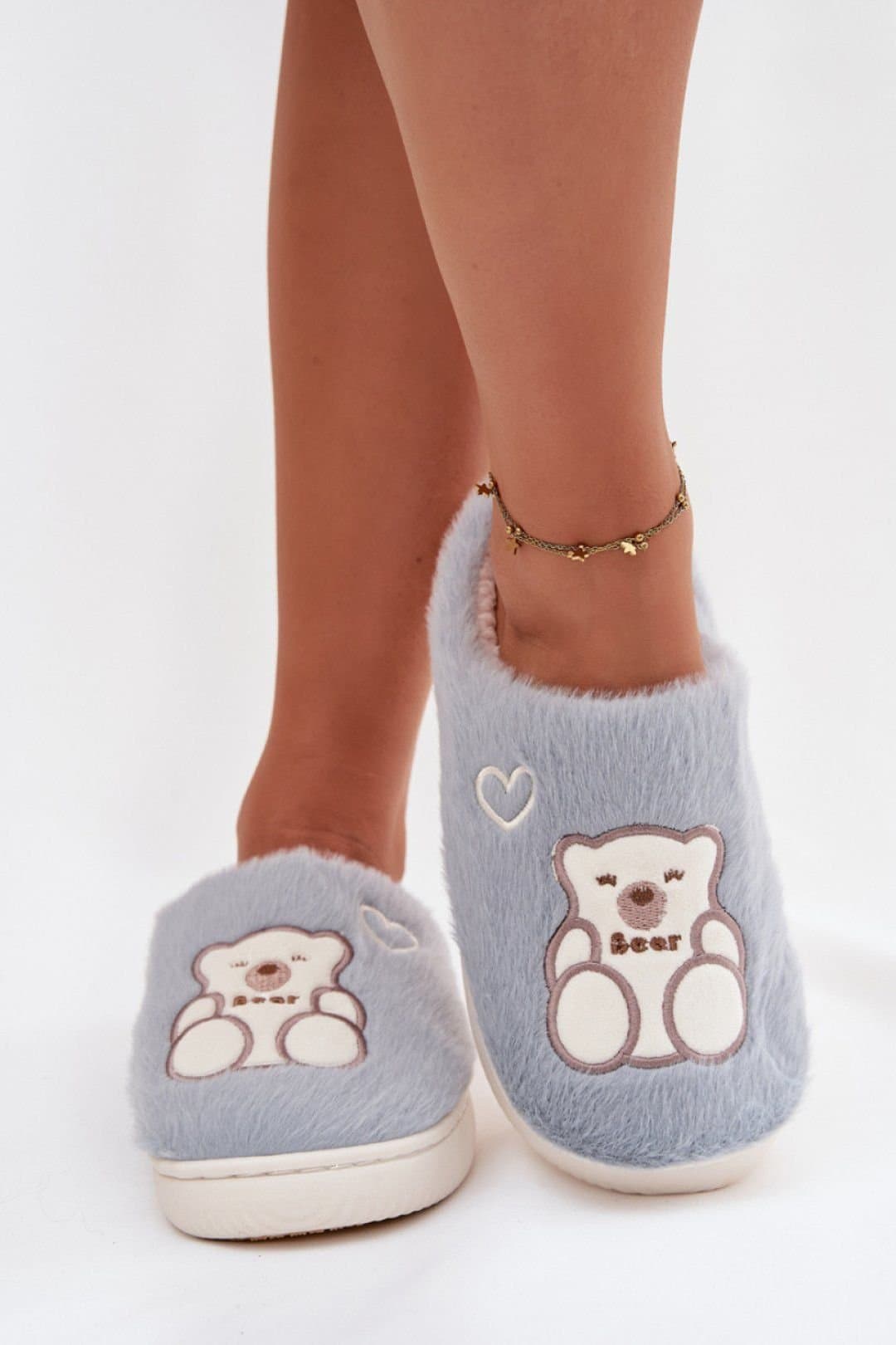 Love Lace Love Lace Light Blue Fur Teddy Bear Heart Motif Slippers