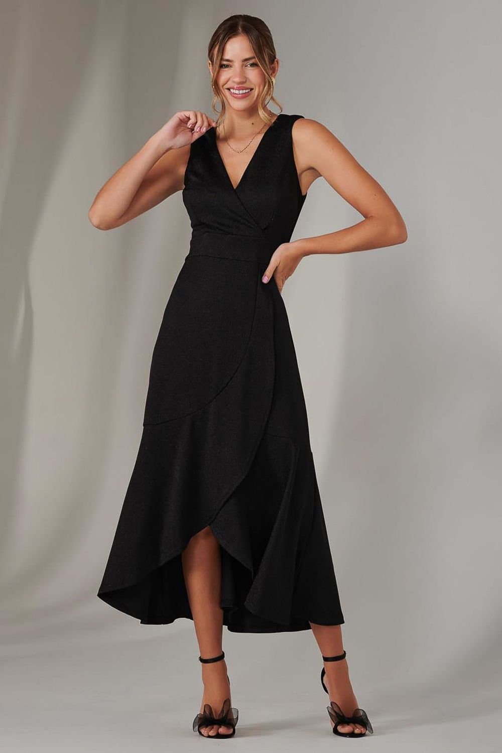 Jolie Moi Jolie Moi Women's Wrap Frill Hem Maxi Dress in Black
