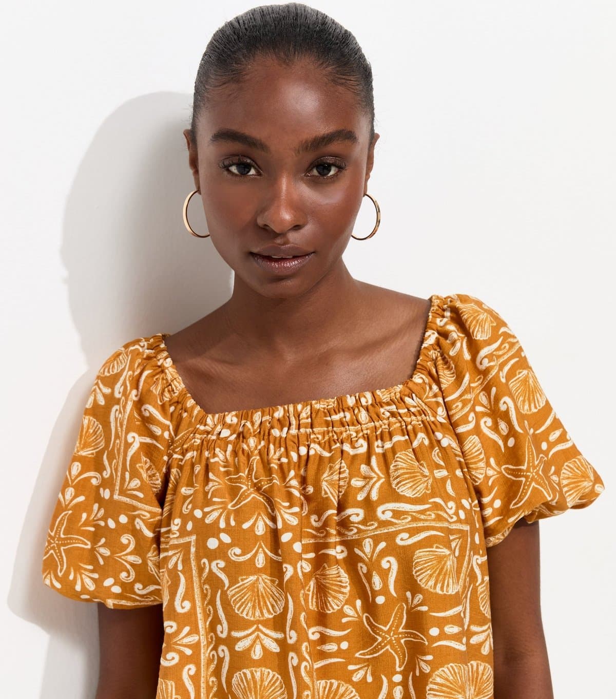 New Look Women's Orange Shell Pattern Print Square Neck Blouse New Look