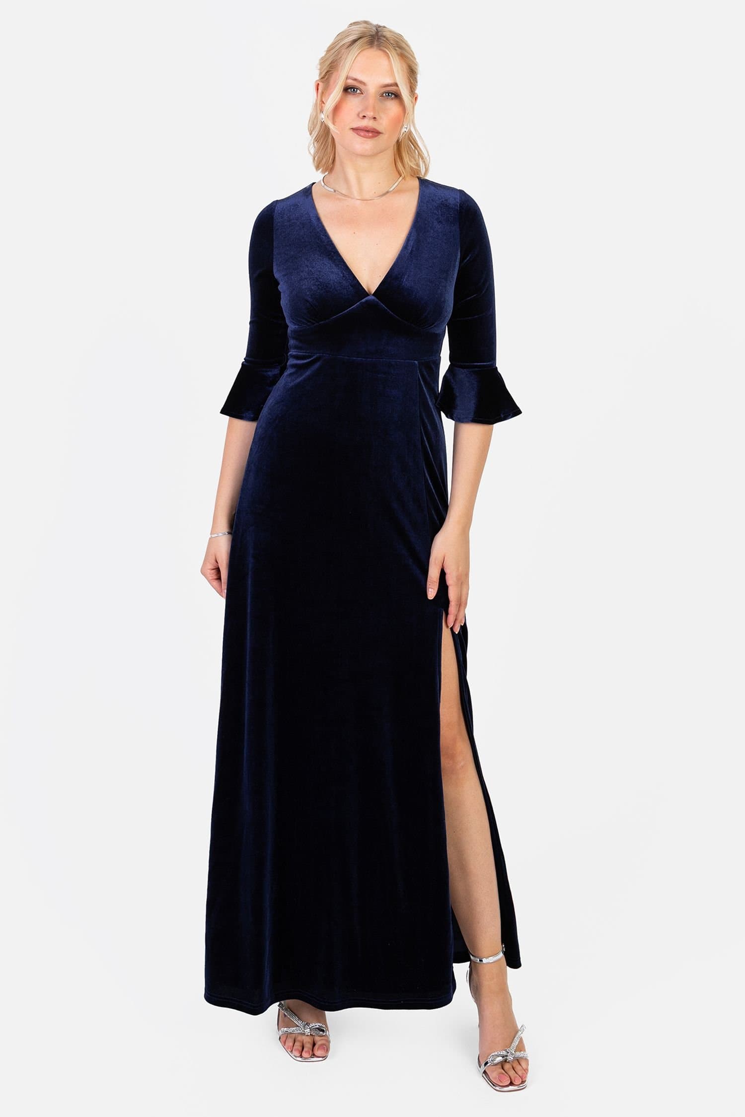 Maya Deluxe Maya Deluxe Women's Velvet V Neck Flute Sleeve Maxi Dress in Blue