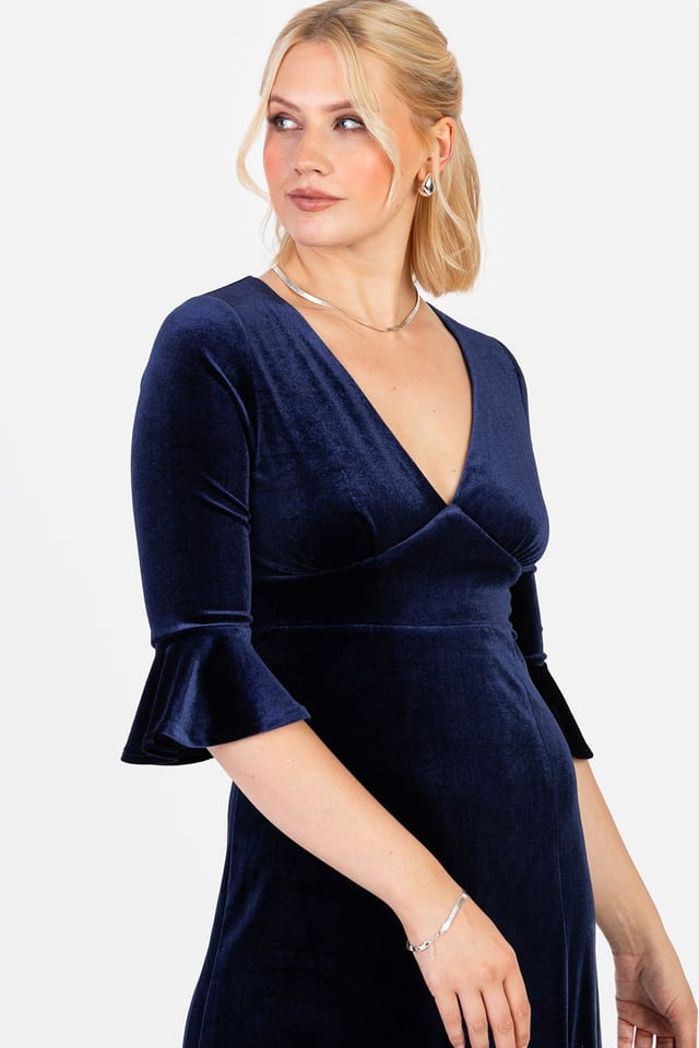 Maya Deluxe Maya Deluxe Women's Velvet V Neck Flute Sleeve Maxi Dress in Blue - 2