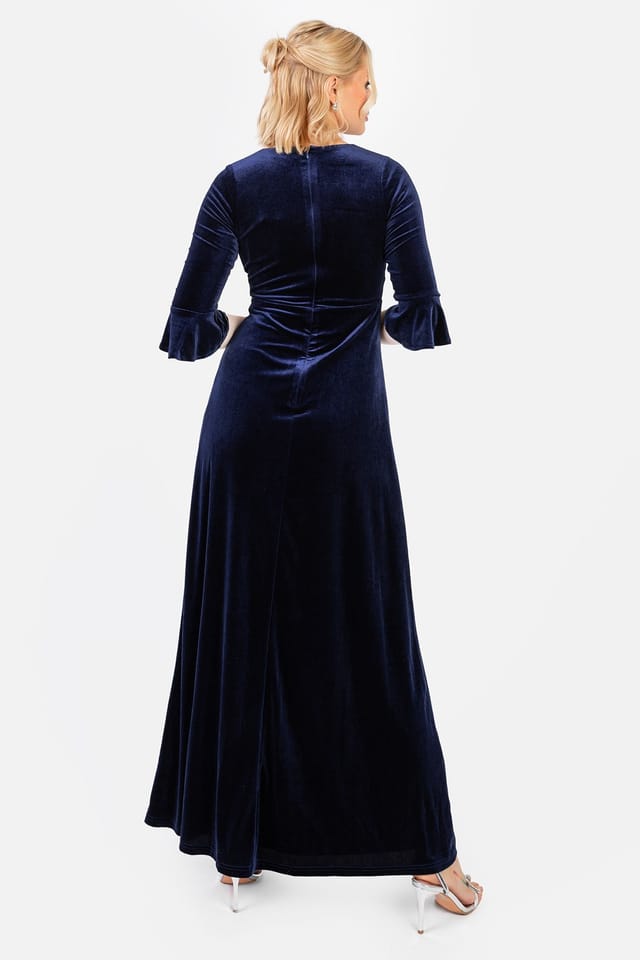Maya Deluxe Maya Deluxe Women's Velvet V Neck Flute Sleeve Maxi Dress in Blue - 3