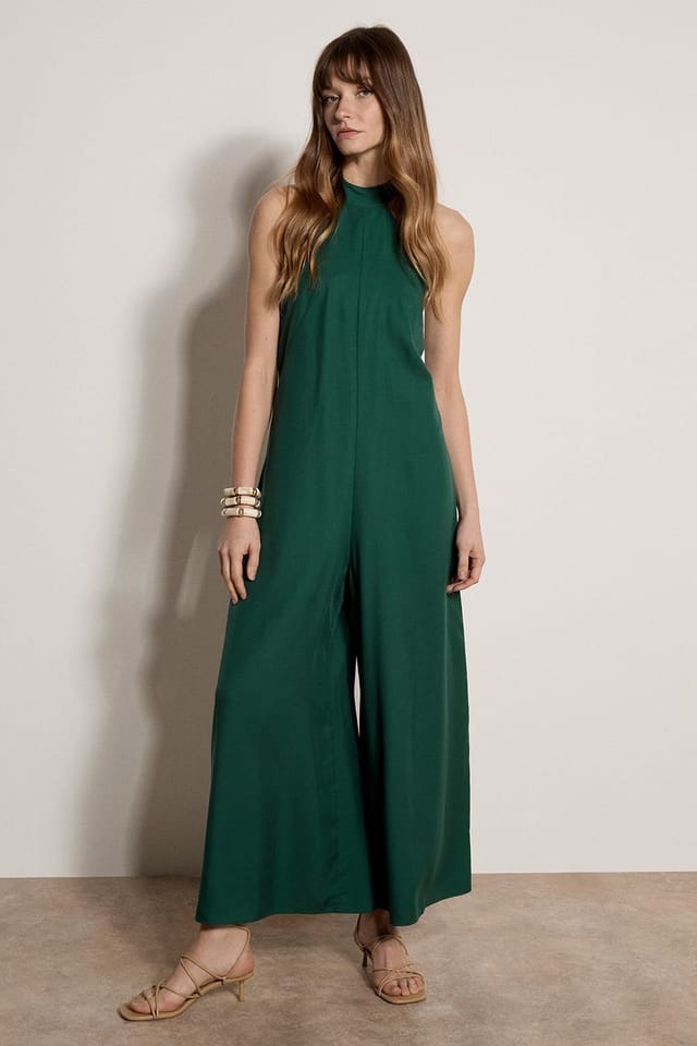 Apricot Apricot Women's Halter Neck Wide-Leg Linen Blend Jumpsuit in Green - 2
