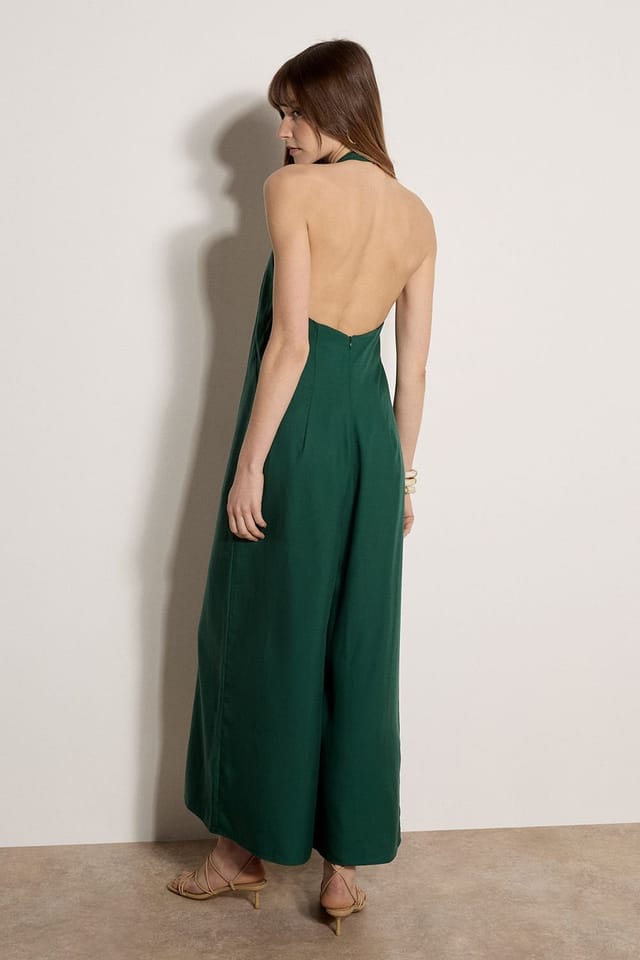 Apricot Apricot Women's Halter Neck Wide-Leg Linen Blend Jumpsuit in Green - 3