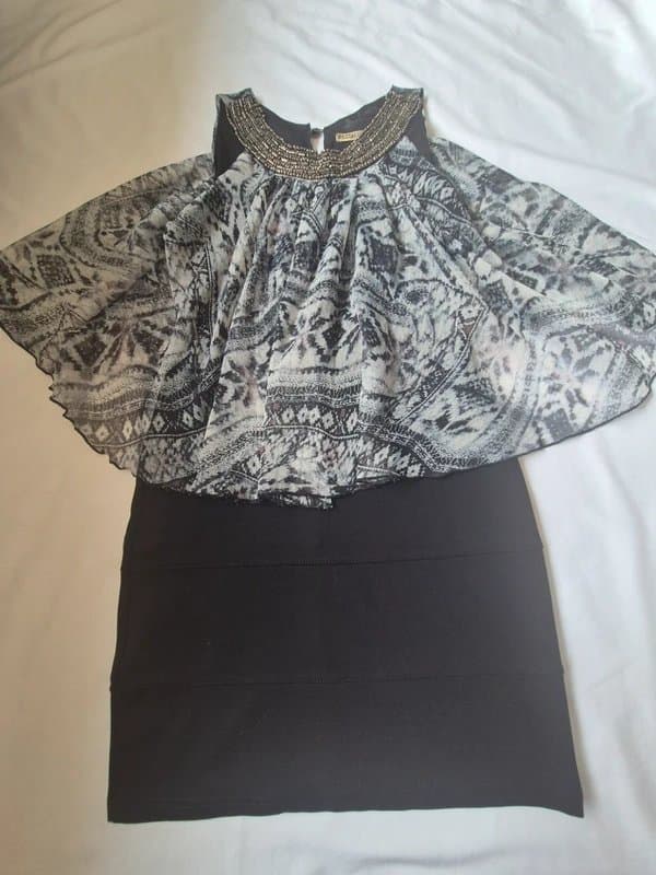 CRAFTED Crafted Black Bodycon y2k Mini Dress with Monochromatic Embellished Overlay 10 Excellent Condition