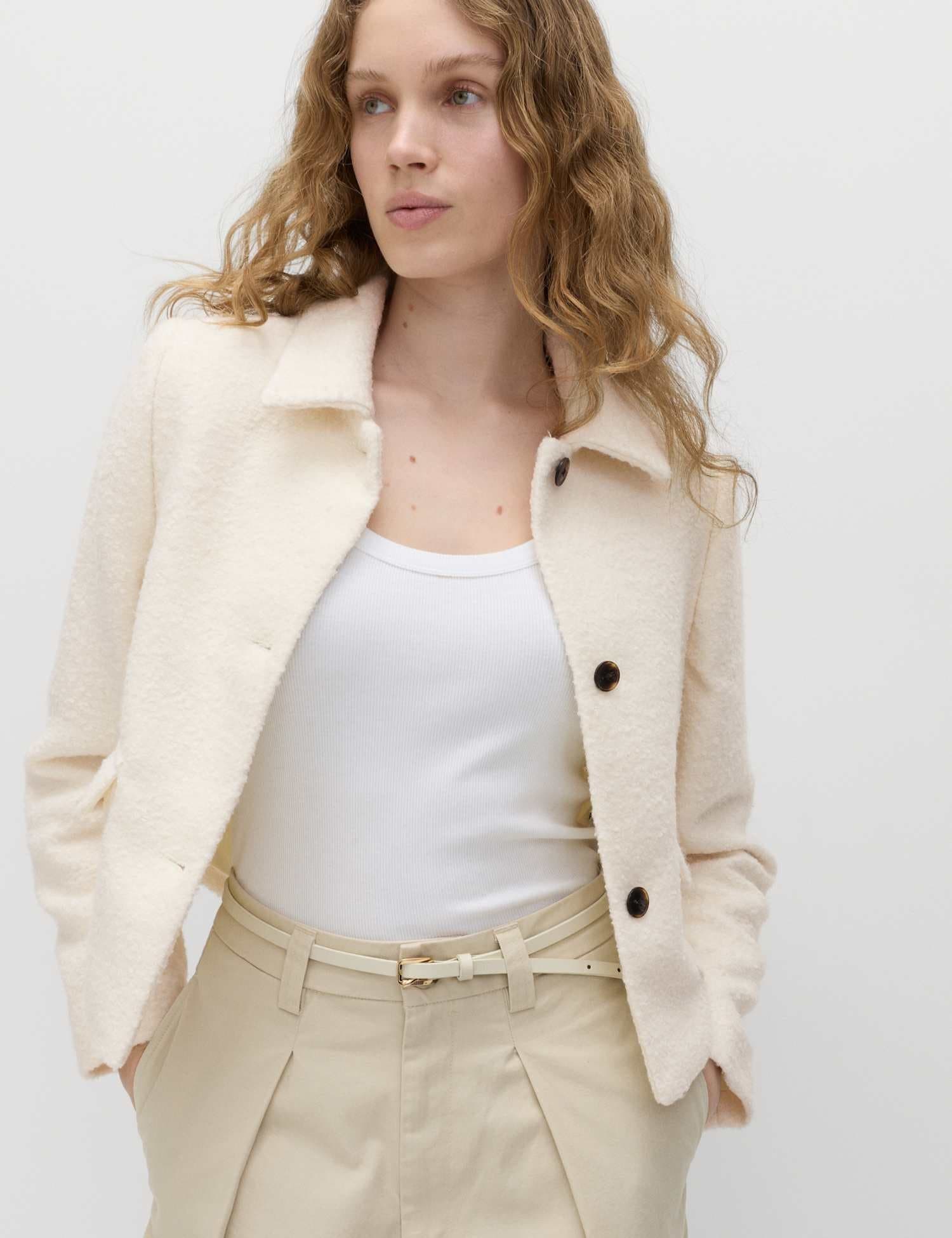 Marks & Spencer M&S Tweed Textured Collared Jacket with Wool Ivory