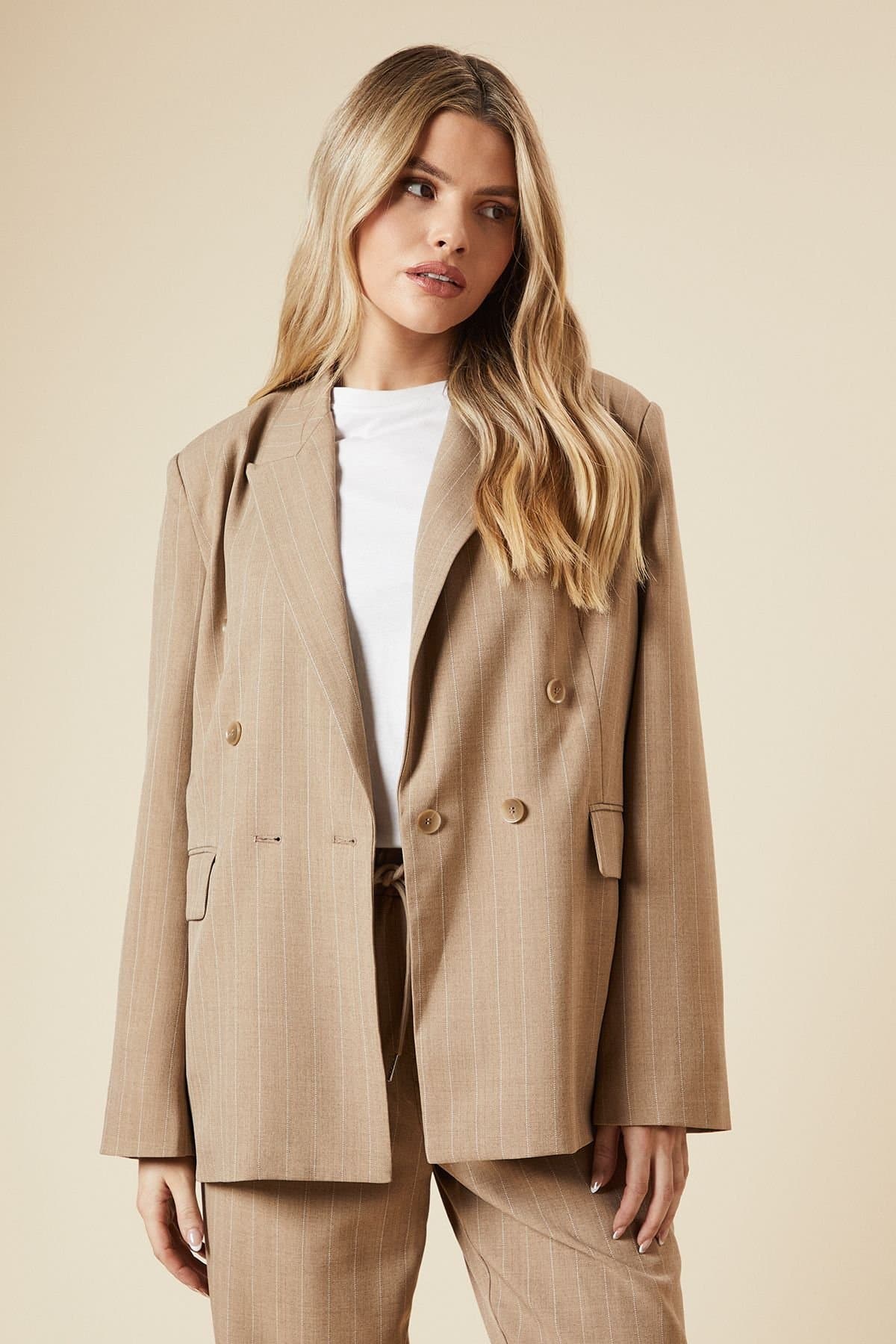 Dorothy Perkins Dorothy Perkins Women's Oversized Double Breasted Stripe Blazer in Stone