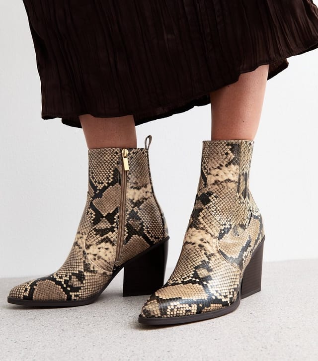New Look Women's Brown Snakeskin Leather Look High Ankle Boots Vegan New Look - 2
