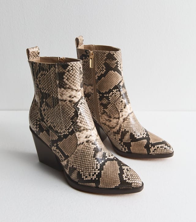 New Look Women's Brown Snakeskin Leather Look High Ankle Boots Vegan New Look - 3