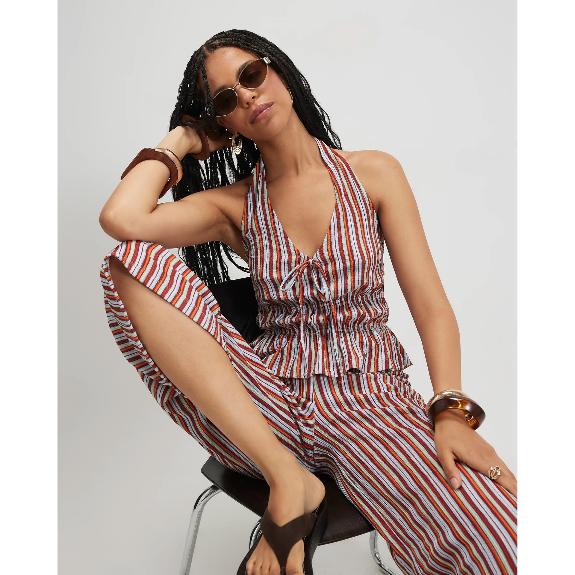 River Island River Island Womens Orange Stripe Textured Halter Neck Top