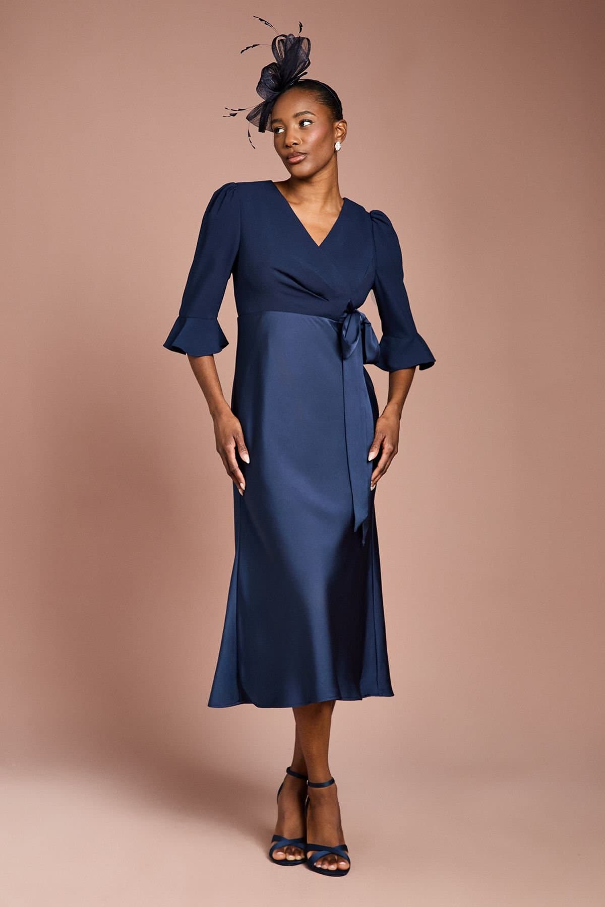 Coast Coast Women's Ruffle Sleeve Satin Back Crepe Wrap Dress in Navy