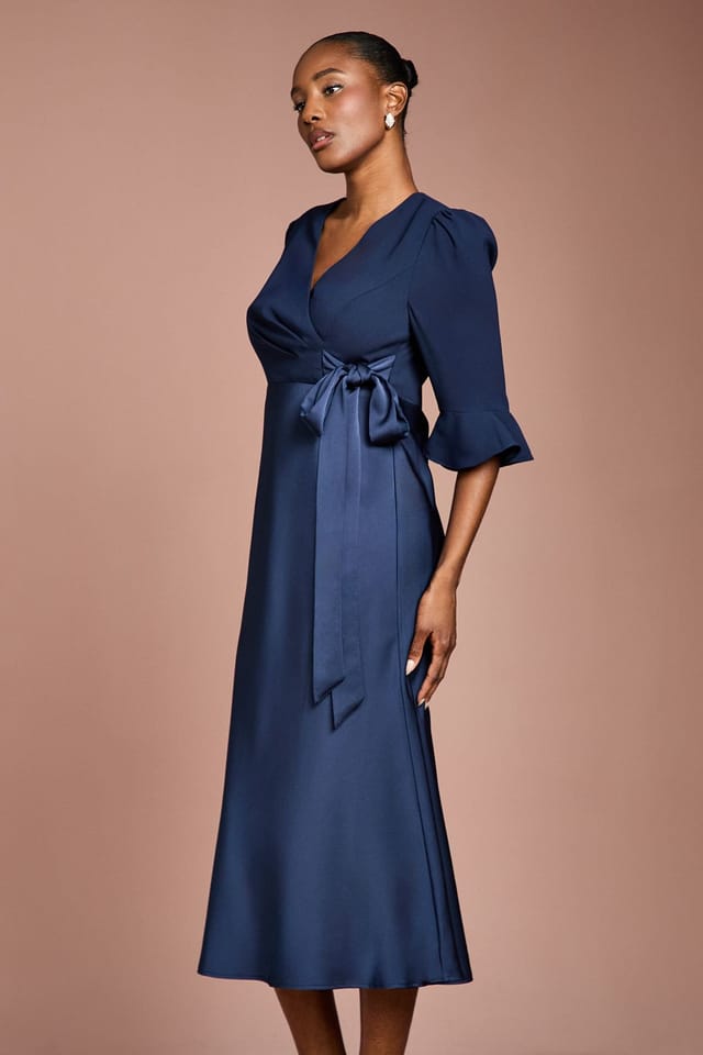 Coast Coast Women's Ruffle Sleeve Satin Back Crepe Wrap Dress in Navy - 2