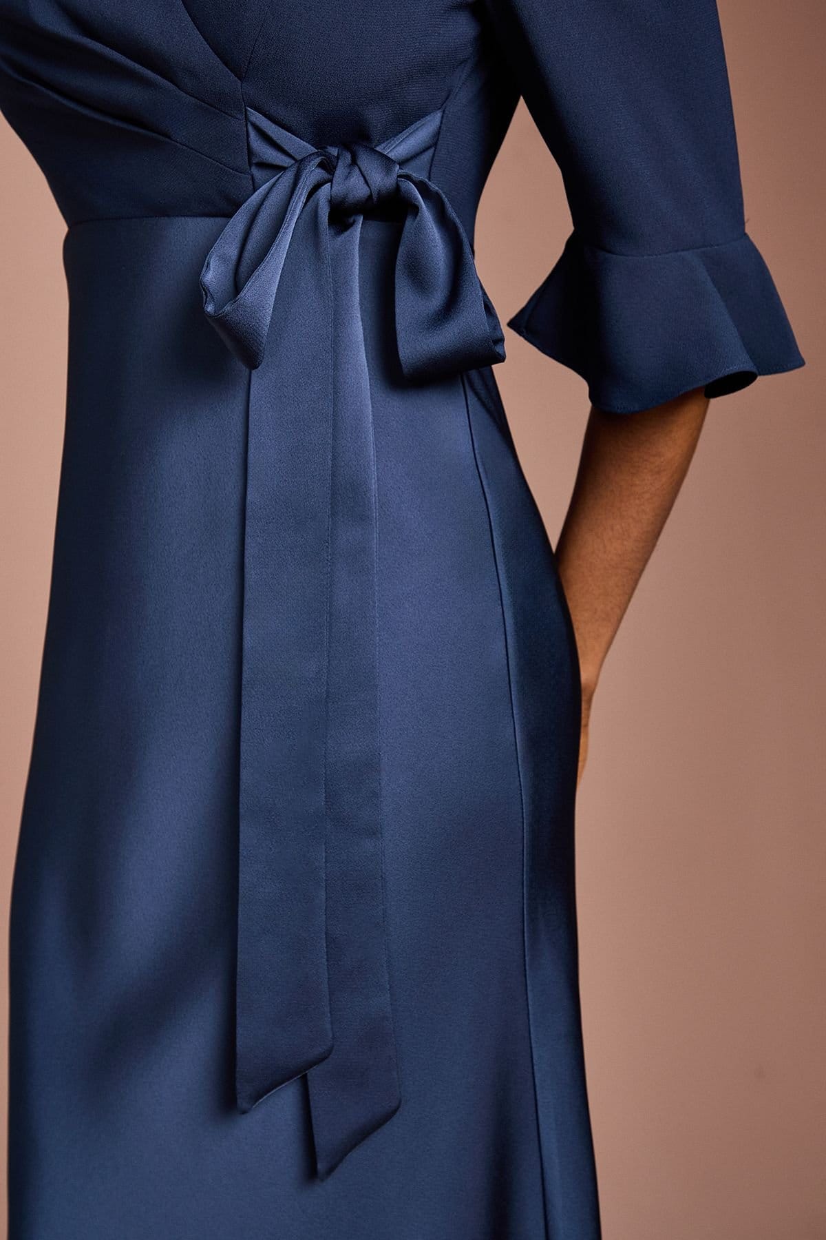 Coast Coast Women's Ruffle Sleeve Satin Back Crepe Wrap Dress in Navy - 4