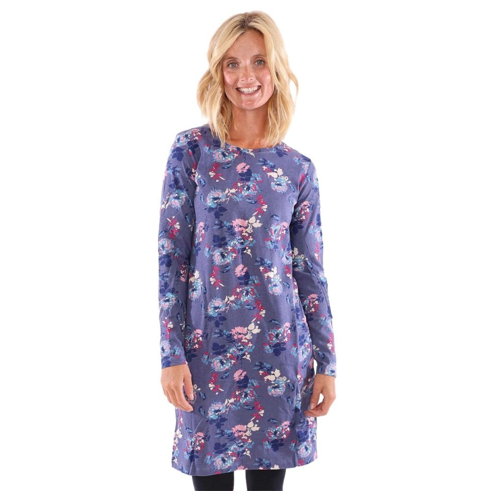 Lazy Jacks Lazy Jacks Women's Fleur All-Over Print Long-Sleeved T-Shirt Dress in Purple - 3
