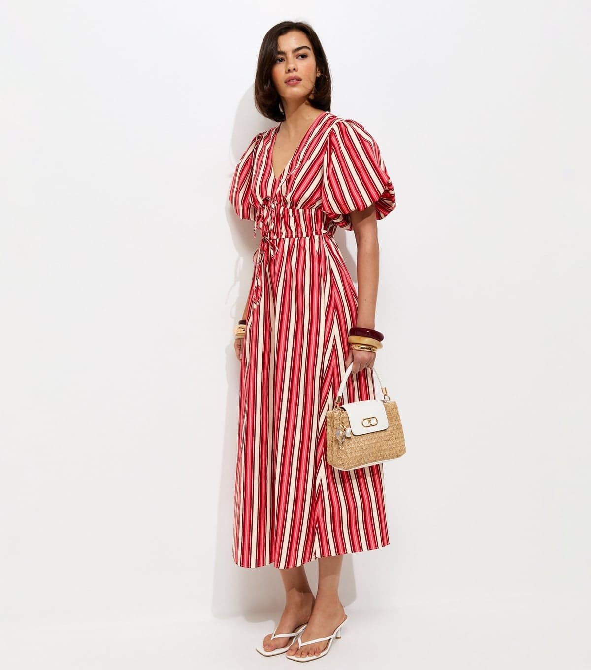 New Look Women's Pink Cotton Striped Puff Sleeve Midi Dress New Look