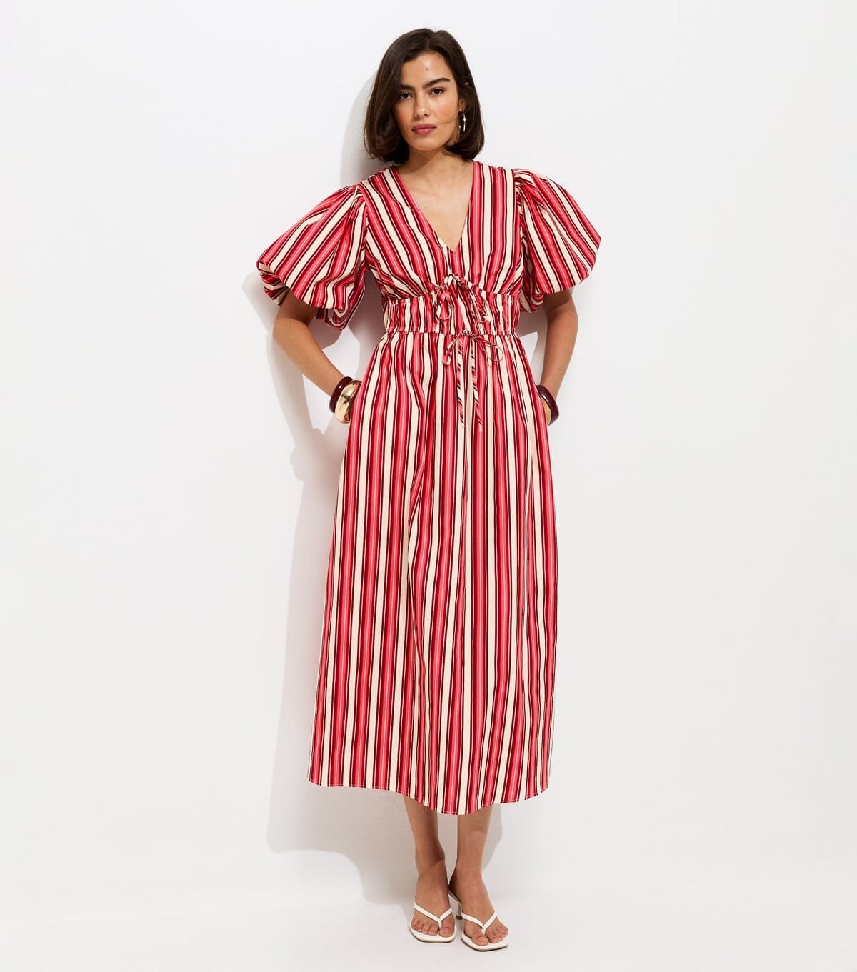 New Look Women's Pink Cotton Striped Puff Sleeve Midi Dress New Look - 4