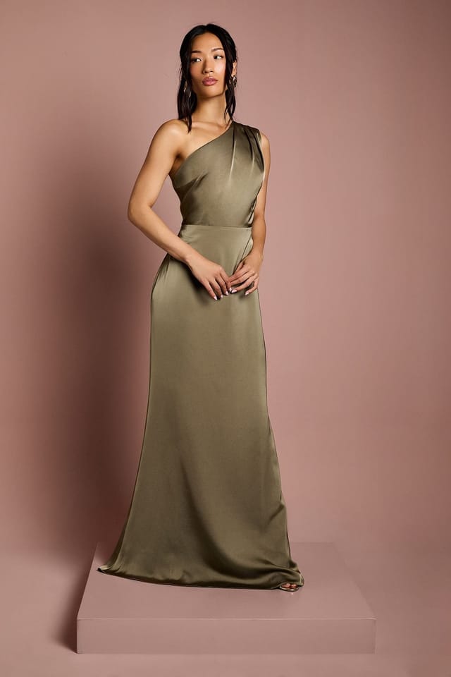Coast Coast Women's Honoured Drape One Shoulder Satin Maxi Bridesmaid Dress in Olive - 2