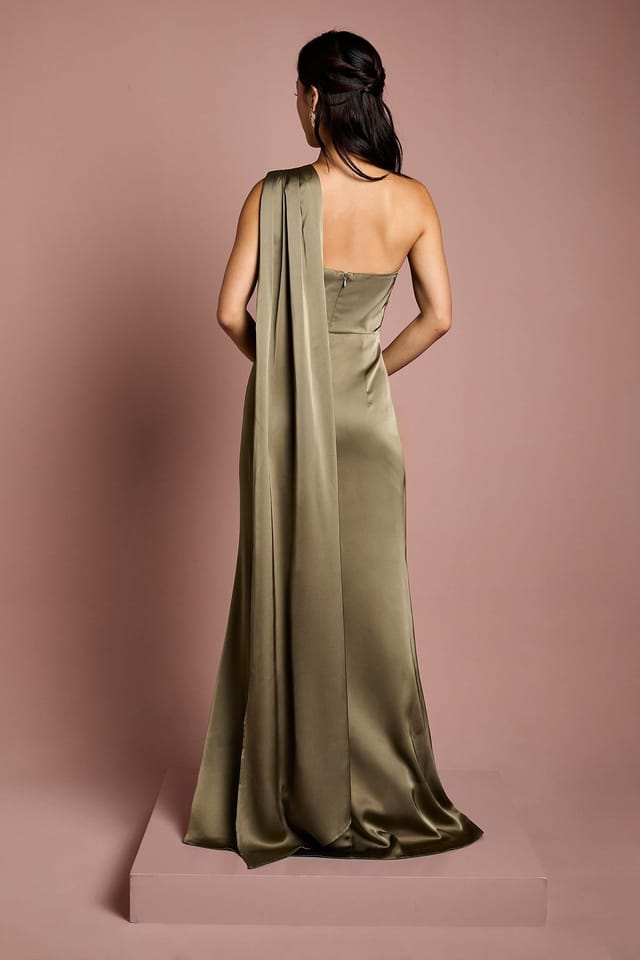 Coast Coast Women's Honoured Drape One Shoulder Satin Maxi Bridesmaid Dress in Olive - 3