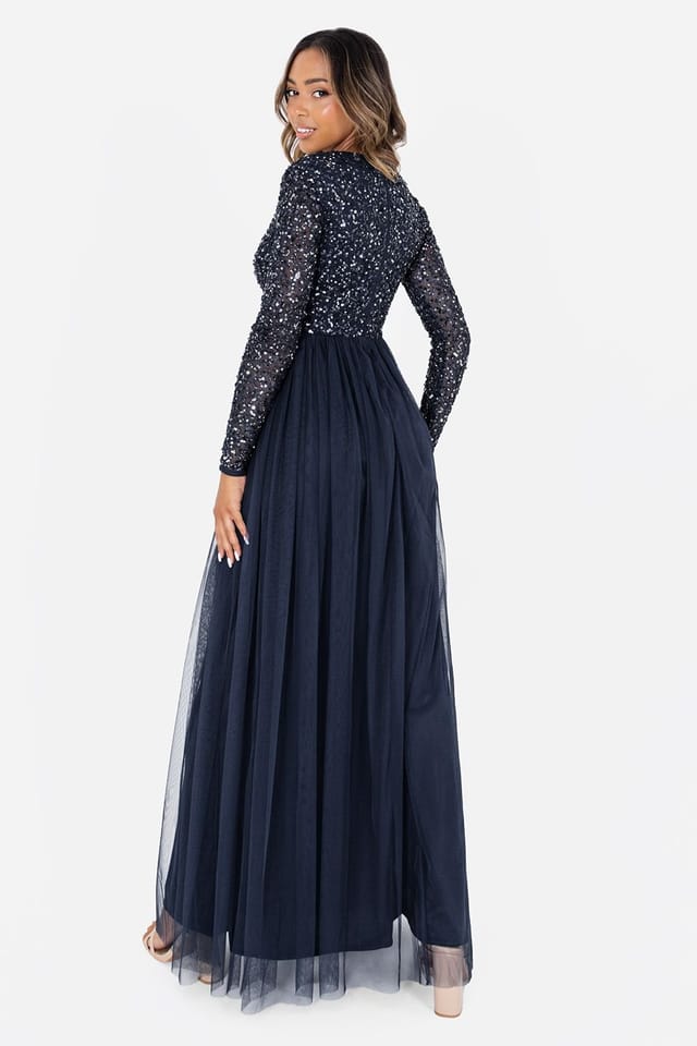 Maya Deluxe Maya Deluxe Women's Embellished Long Sleeve Maxi Dress in Dark Navy - 2