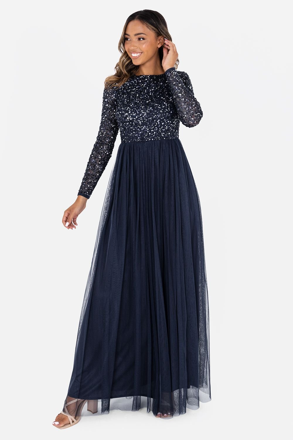 Maya Deluxe Maya Deluxe Women's Embellished Long Sleeve Maxi Dress in Dark Navy - 3
